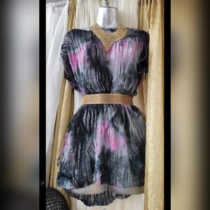 Gold Belt with Pink and Black Patterned Dress